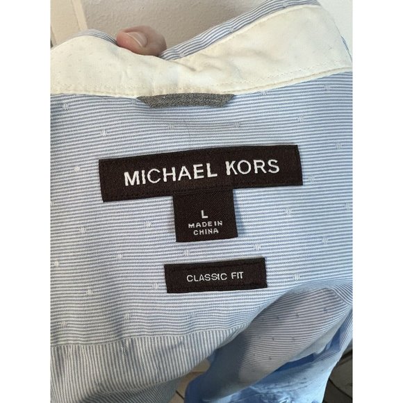 Michael Kors Shirt Large Button Down Classic Fit Blue Patterned Cotton Business - Picture 10 of 11